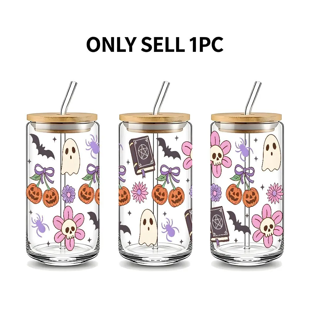 Cute Pastel Halloween Theme 16oz Glass Can Cup with Lid and Straw, Reusable Glass Drinking Cup, High-Quality Glass Jar for Iced Coffee, Hot Chocolate, Juice, Cold Drinks, Sweet Spooky Fall Style Glassware, Perfect Gift for Halloween Lovers, Friend, Family