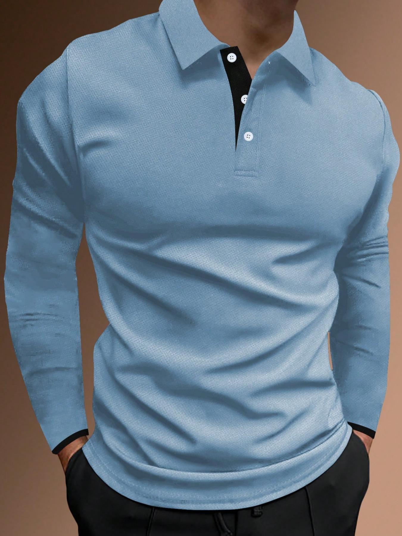 Men's Regular Fit Contrast Binding Button Front Polo Shirt, Men's Clothing Outfits, Casual Long Sleeve Half Placket Collared Top for Summer, Streetwear, Menswear for Daily Wear, Polo Tees