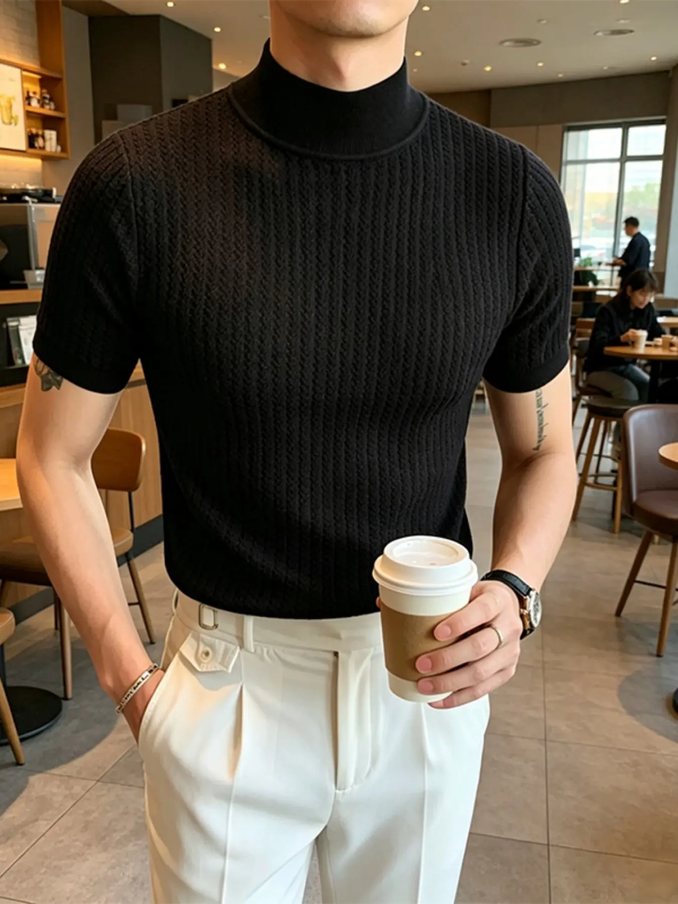 2026 Summer New Arrival Casual Simple Knit Top, European and American Men's High Neck Ripple Solid Color T-Shirt, Fashionable Outerwear