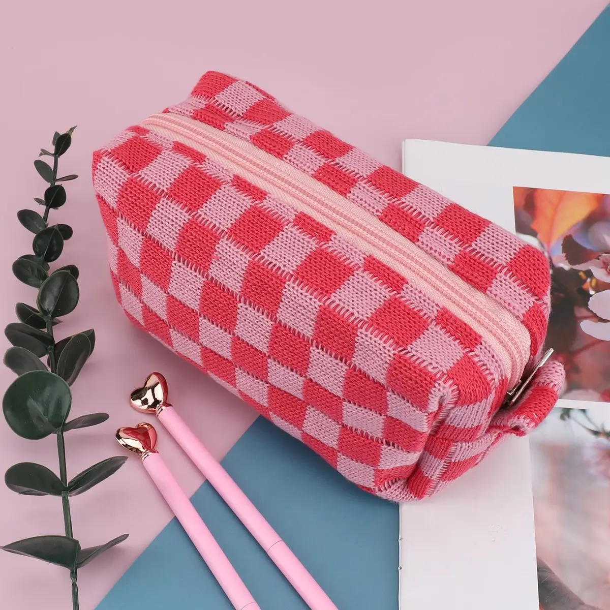 Simple Knitted Checkered Zipper Pen Pouch, Portable Stationery Cosmetic Organizer in Assorted Colors for School Office Travel Desk Storage, Back to School Supplies