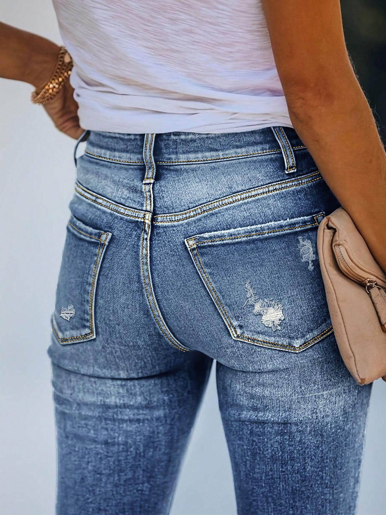 Women's Ripped Button Fly Skinny Stretchy Jeans, Distressed Skinny Jeans, Fashion Casual Denim Pants for Daily Outdoor Wear, Ladies Bottoms for All Seasons