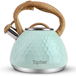 Tea Kettle, Toptier Teapot Whistling Kettle with Wood Pattern Handle Loud Whistle, Food Grade Stainless Steel Tea Pot for Stovetops Induction Diamond Design Water Kettle, 2.7-Quart Light Green