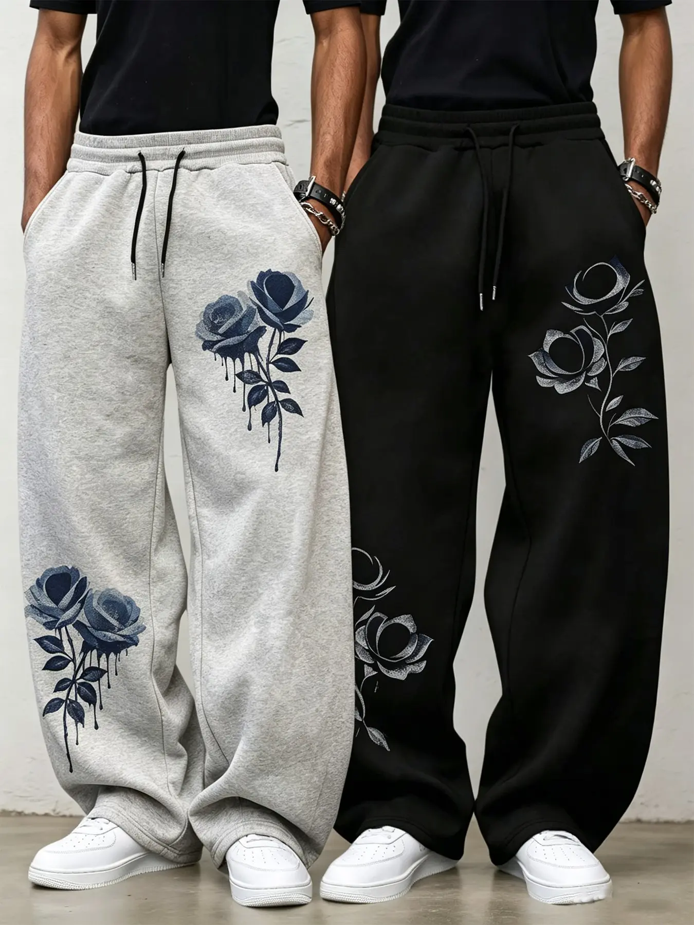 Men's Drawstring Wide Leg Oversized Sweatpants, Loose Fit Straight Leg, Dark Rose Print, Elastic Waist, Casual Streetwear, Spring & Fall