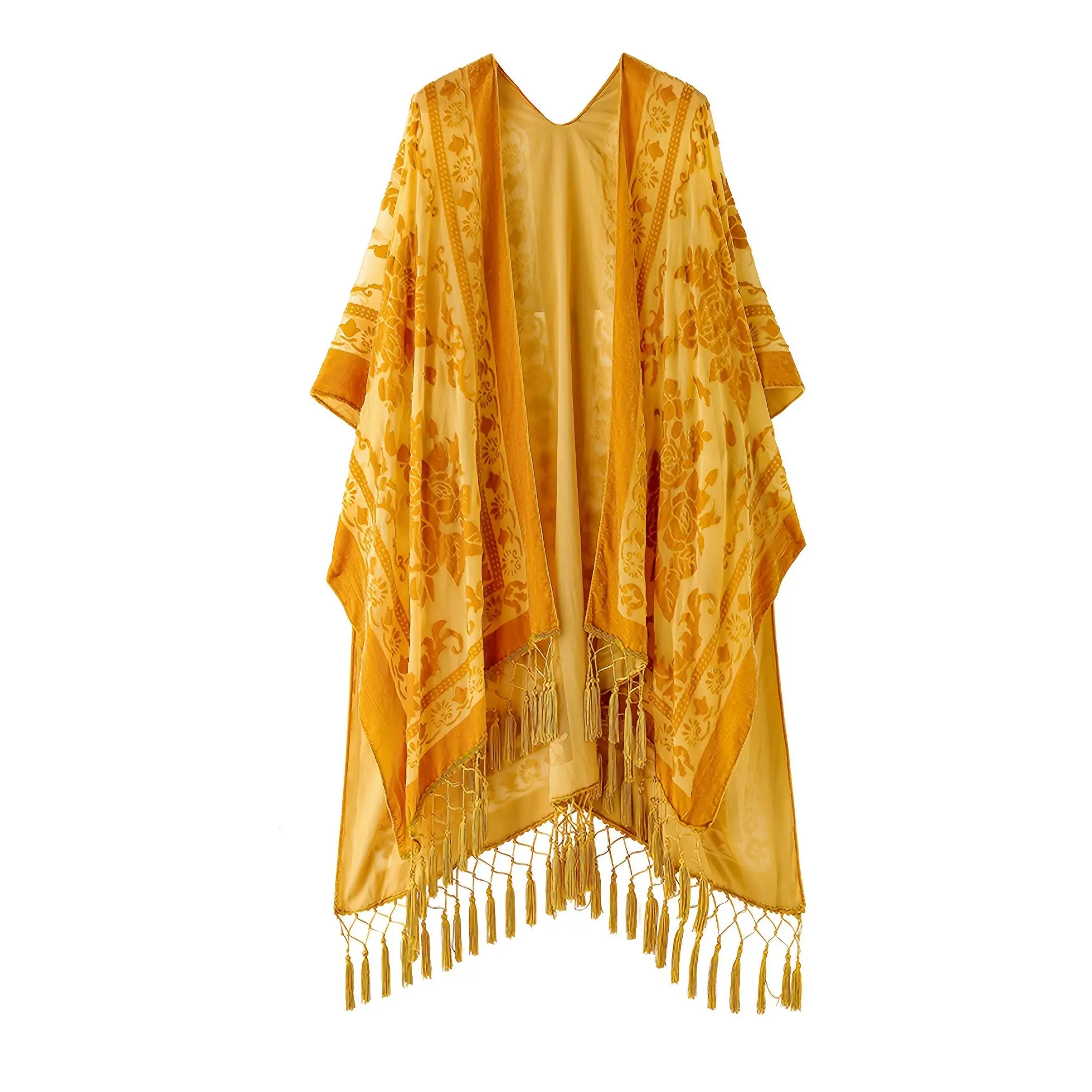 WeHello Women's Boho Burnout Velvet Kimono Long Cover Up with Tassel, Casual Cardigan, Shawl Womenswear Embroidered