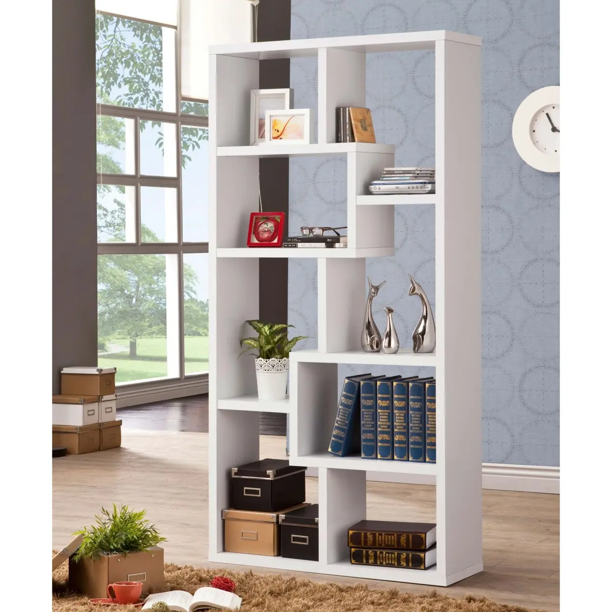White Geometric Bookcase with 8 Particle Board Geometric Shelves, Indoor Furniture Shelving Unit