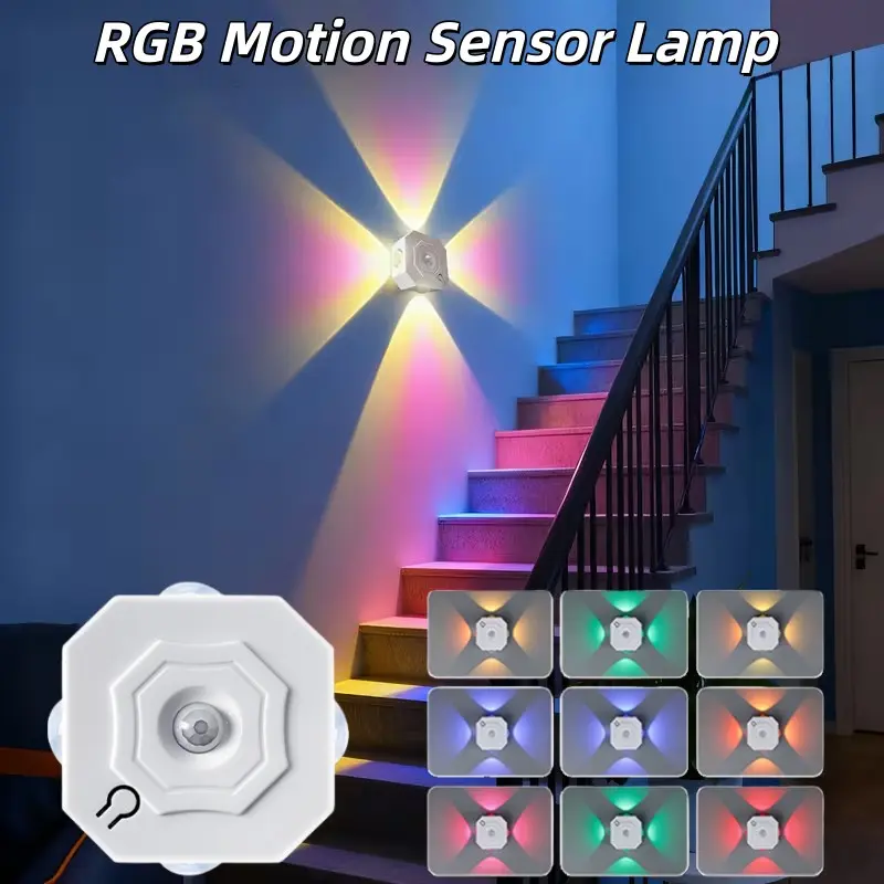 2/4pcs Infrared Human Sensor 4-Inch LED Night Light with RGB Blinking Mode Wall Lamp, Magnetic Attachment for Hole-Free Installation Stair Lamp, LED Cat Eye Lamp, USB Charging, Suitable for Staircase, Bedroom, Entrance, Dormitory, Living Room Lighting