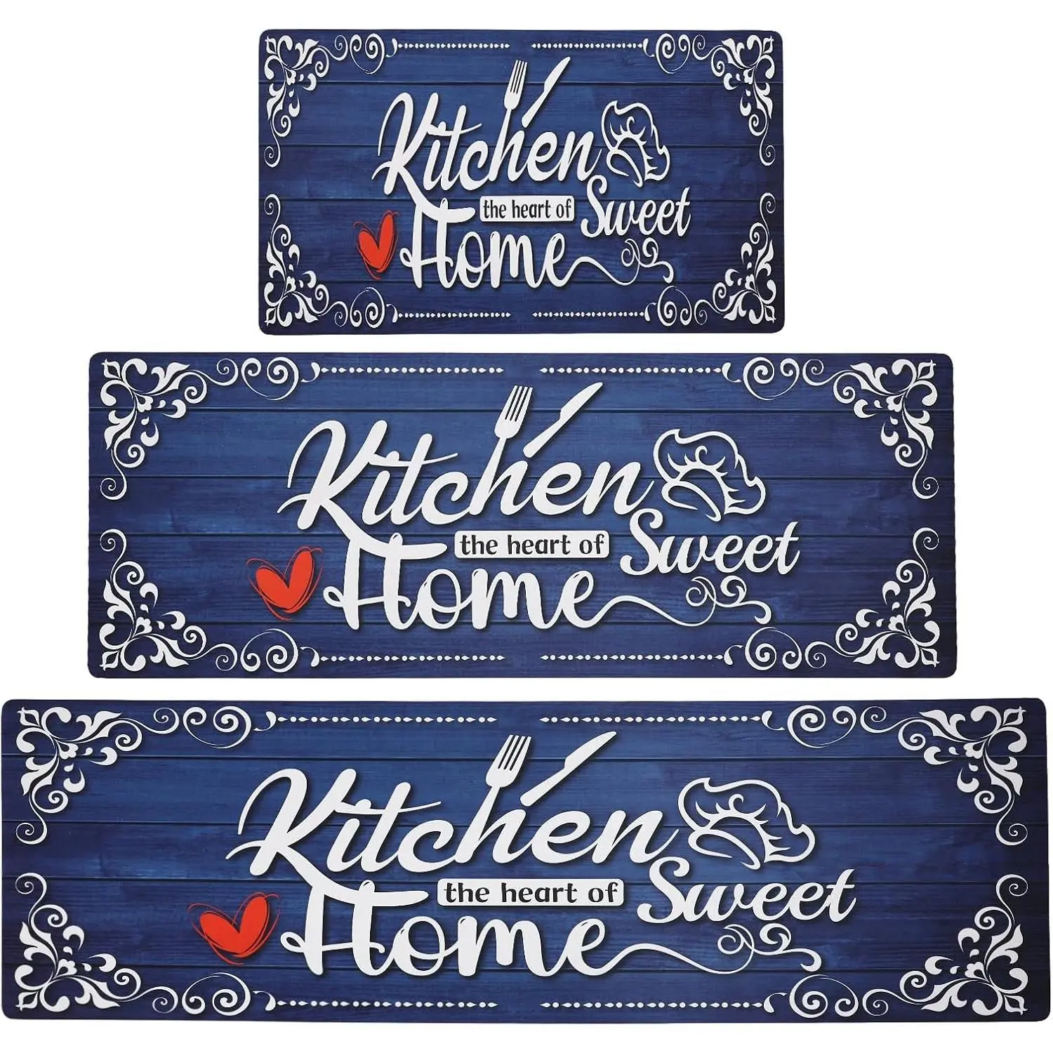 Navy Blue 3-Piece Kitchen Floor Mats Set (Diatomaceous Earth, Polyester/TPR), Printed Farmhouse Chef-Themed - Non-Slip, Cushioned Runner, Waterproof Slip-Resistant, Comfortable for Sink Areas, Indoor Use