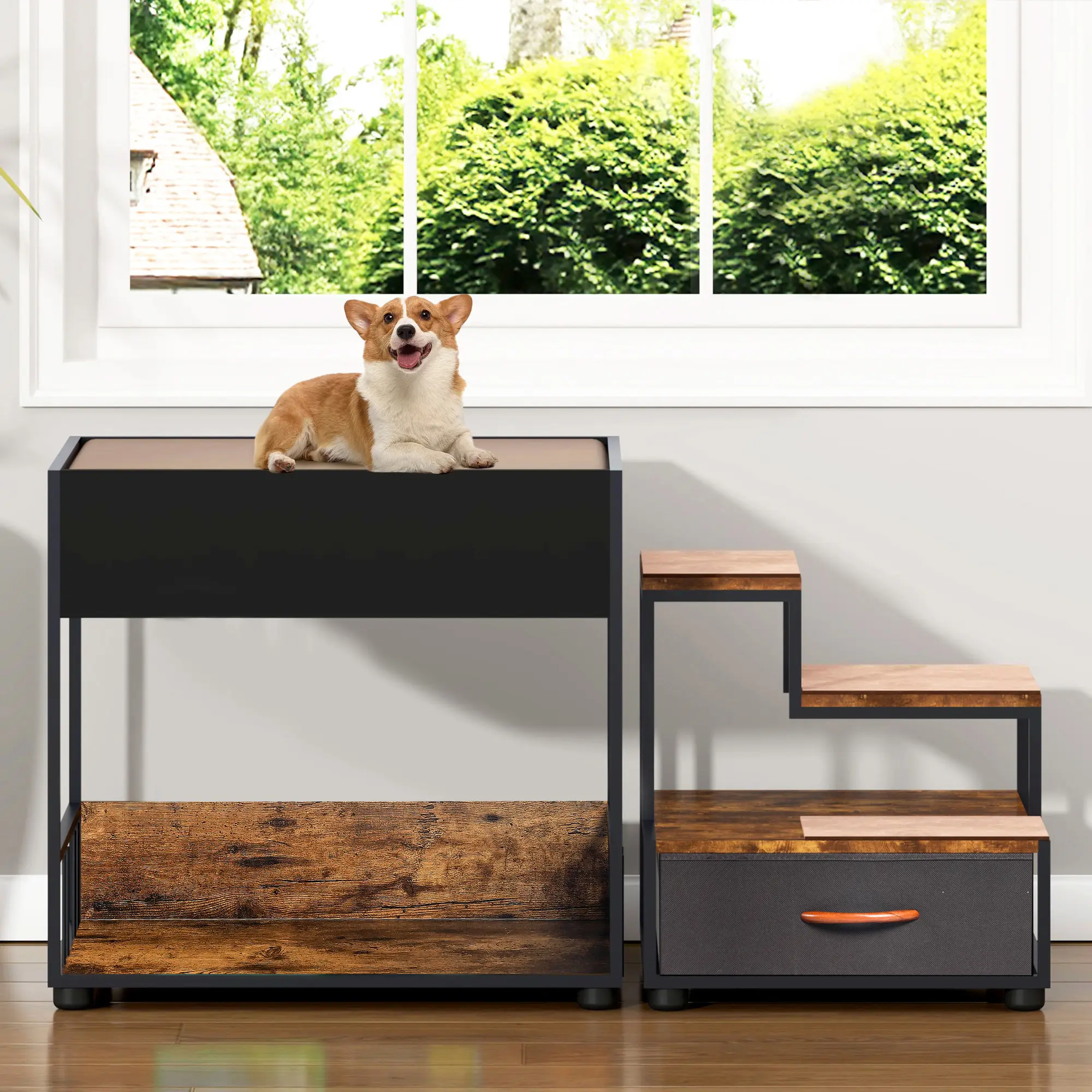 Pet Bunk Bed with Stairs, Dog and Cat Window Perch, Multi-Level Indoor Pet Bed with Cushion
