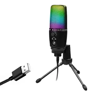 Black Universal RGB Light USB Microphone with Stand, USB Plug-and-Play for Professional Sound Recording, Compatible with Cell Phones