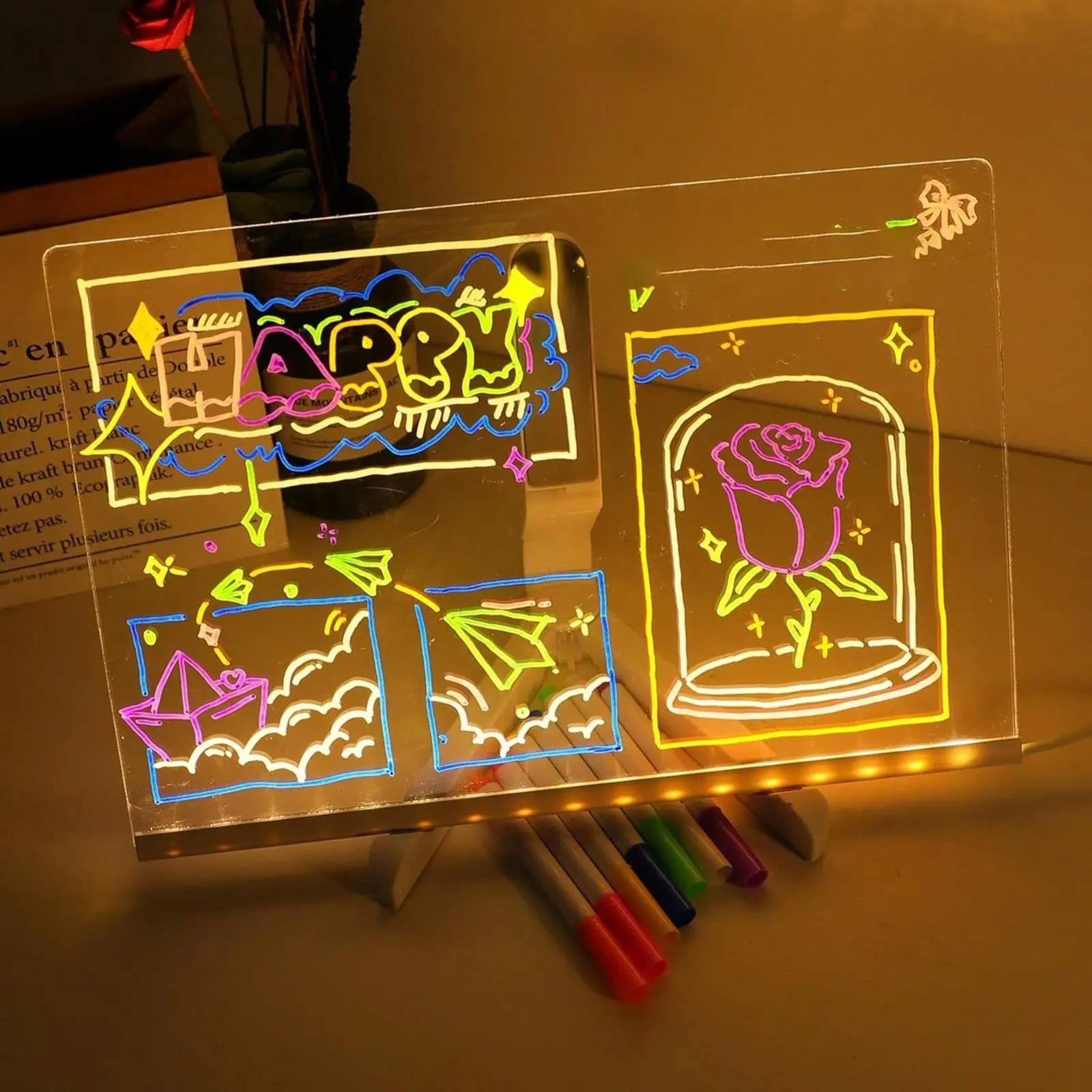 LED Light Up Acrylic Message Board with Markers & Stand, Creative Illuminated Dry Erase Memo Wordpad, Glow Drawing Sign for Desk, Office, Cafe, School and Home Decor