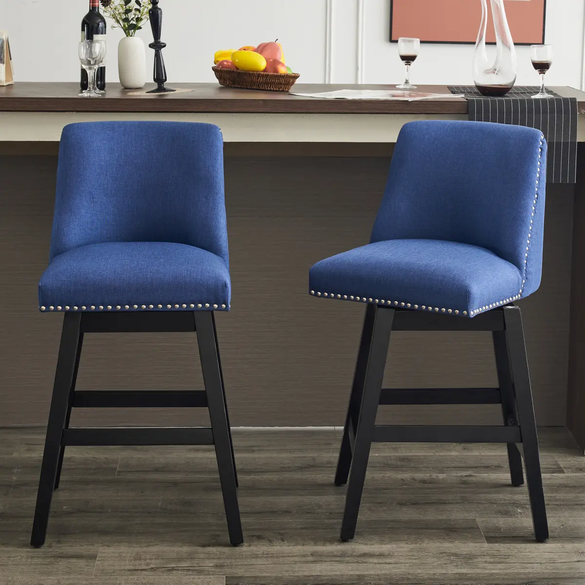 Fahuac 2-Piece Swivel Bar Stools Set - Linen Upholstered High Back 360 Rotational Swivel Chairs, Padded Seat, Solid Wood Frame, Floor-Friendly Adjustable Ft Pads for Kitchen Island, Elevated Home Barstools