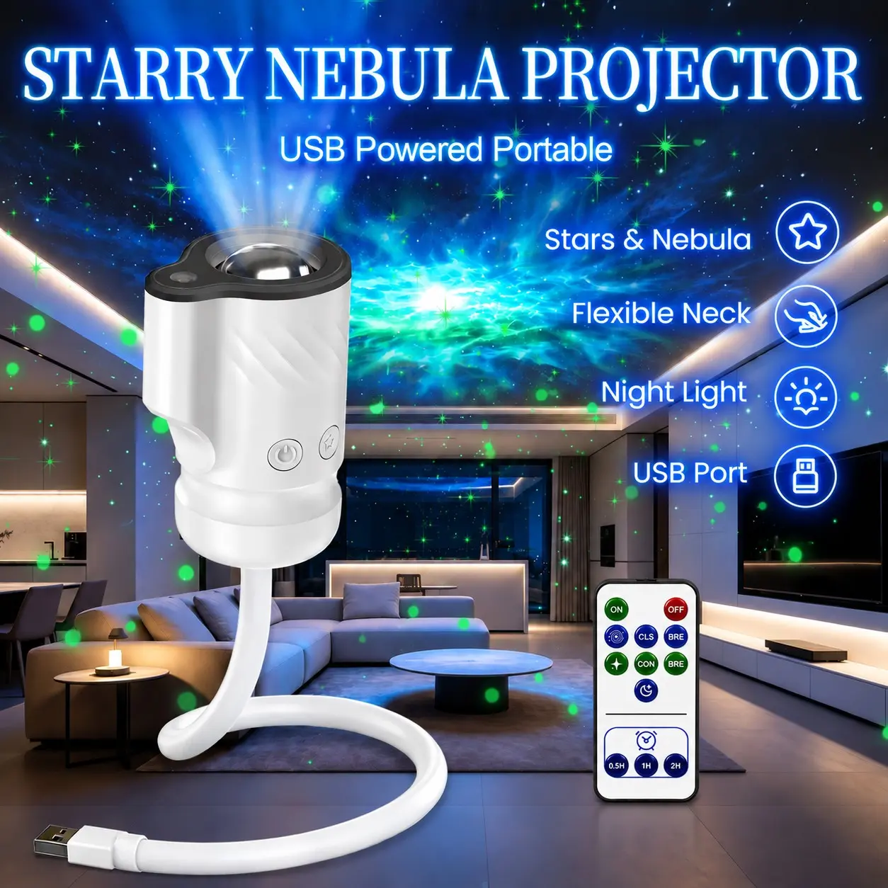 Galaxy Projector Night Light, 2-in-1 Star Projector with USB LED, 360° Adjustable Nebula Lamp, Plug and Play Portable Star Light for Bedroom Ceiling Wall Car
