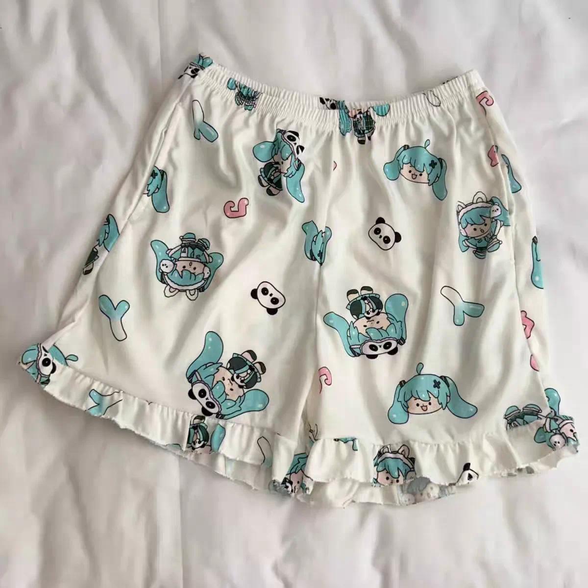 Kawaii Hatsune Miku Panda Thin Short-sleeved Women Pajamas Set New Summer Japanese Cartoon Cute Lace Soft Home Suit Pyjama Pants