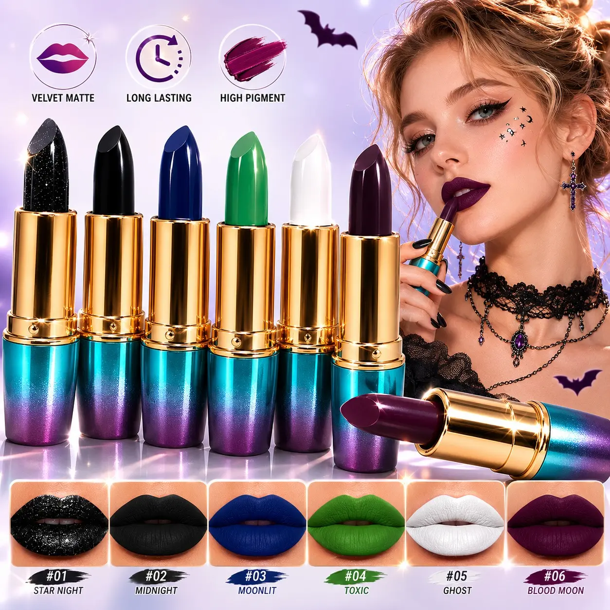 6Pcs Gothic Creative Lipstick Set, Velvet Matte High-Pigment Intensely Pigmented Lip Color, Long-Lasting Smooth Non-Drying Lip Makeup For Halloween Cosplay & Stage, Lip Kits