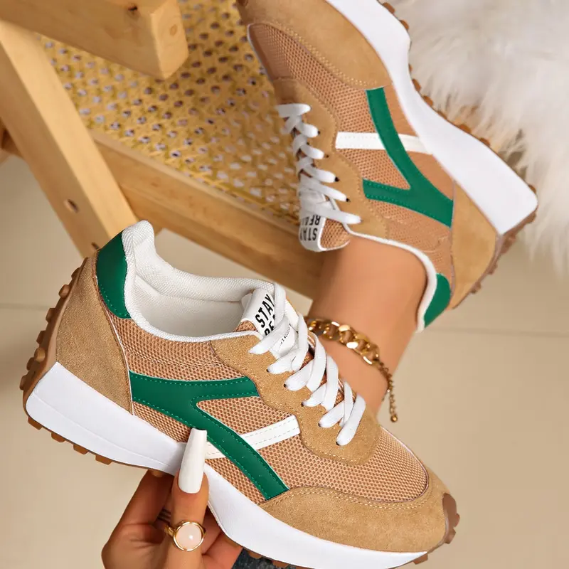 Women's Retro Colorblock Walking Sneakers, Trainer Casual Sneaker, Thick-Sole Lace-Up Casual Shoes with Mesh Upper and Rubber Sole