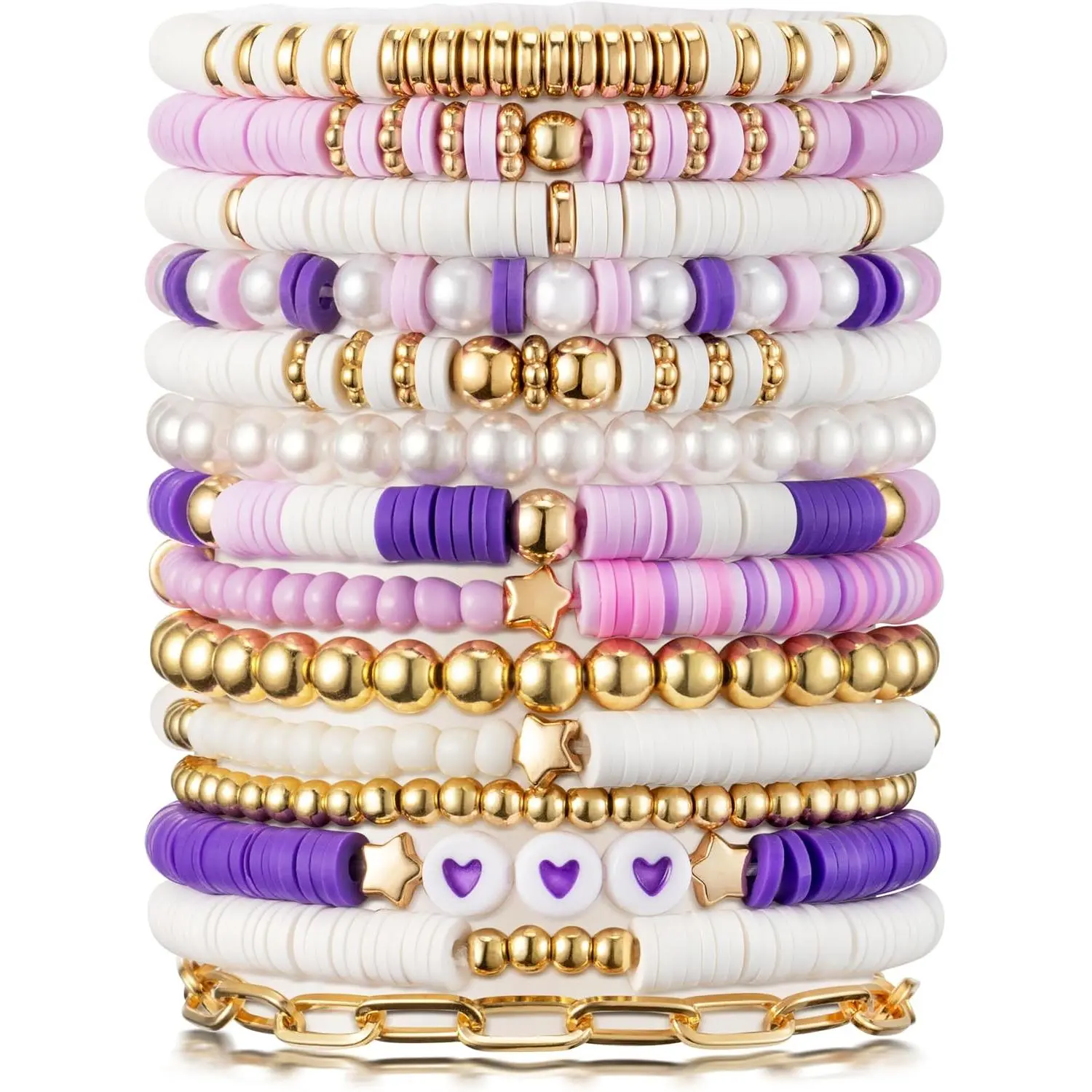 White Bead Bracelets - 14 count  White Clay Bead Surfer Bracelet Set Stackable  Plated Bead Stretch Bracelet Layering Summer Beach  Friendship Bracelet  for Women Girls