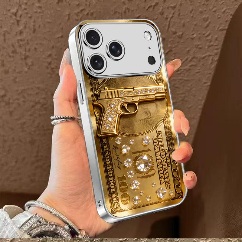 Whole Pistol Gold Dollar Pattern Electroplated Glass Phone Case, Available in Gold and Silver, High-end Luxury Phone Case, Compatible with iPhone 11/12/13/14/15/16/17