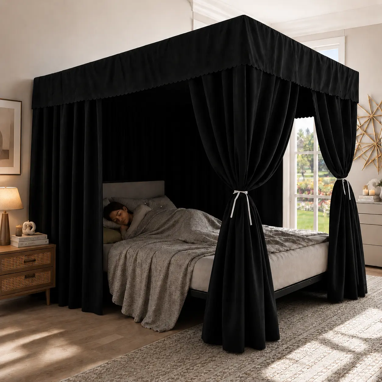 4-Sided Square Canopy Bed Curtain with Blackout Inner Coating - Oversized Mosquito Net Bedding, Classic Elegant Style, Easy In-Out Access, Bedroom Decor