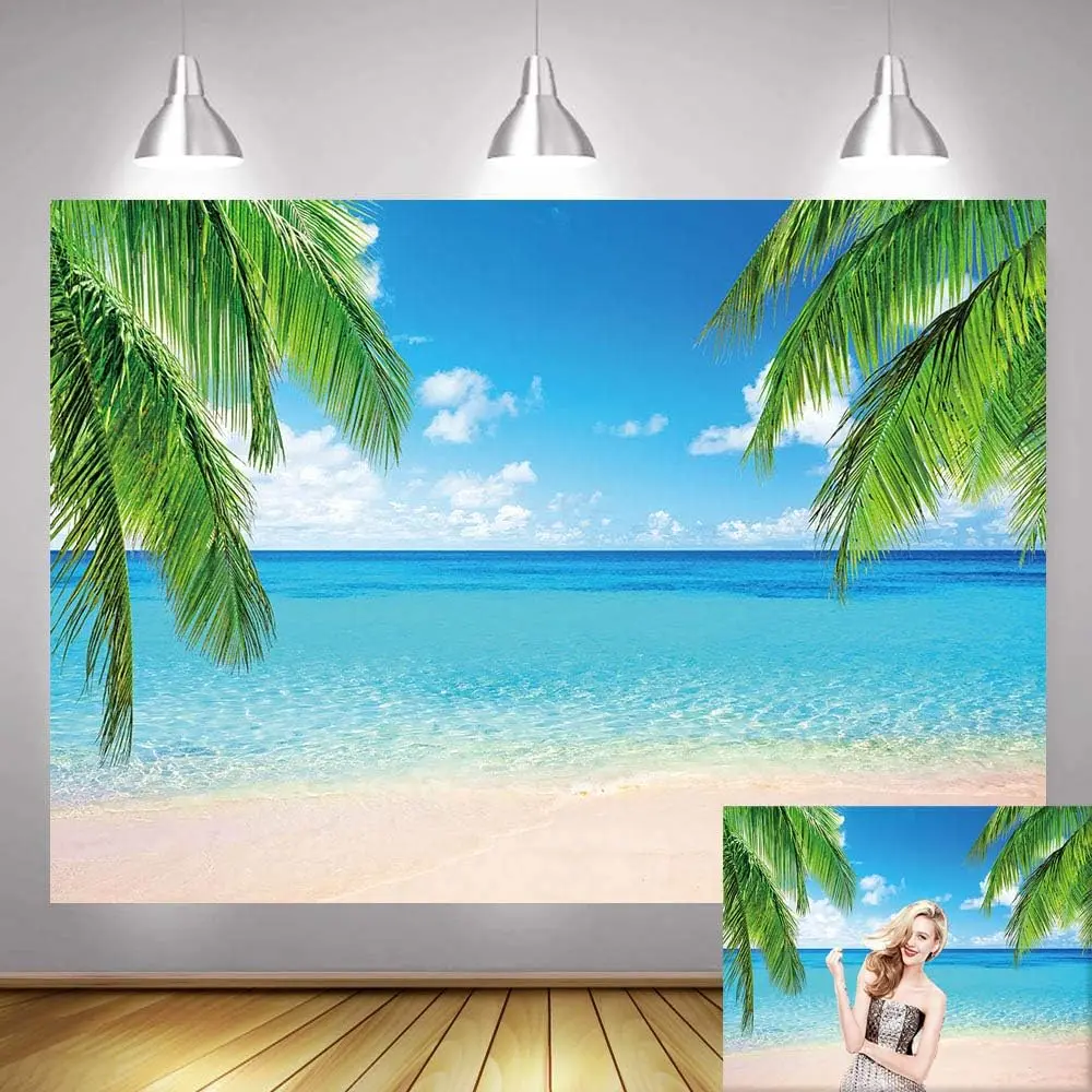 Summer Tropical Beach Theme Photo Backgrounds 5X3FT Sea  Palm Leaf Sand Beach  White Hawaii Photography Backdrops Wedding Bride Shower  Birthday Party Banner Supplies Props Vinyl