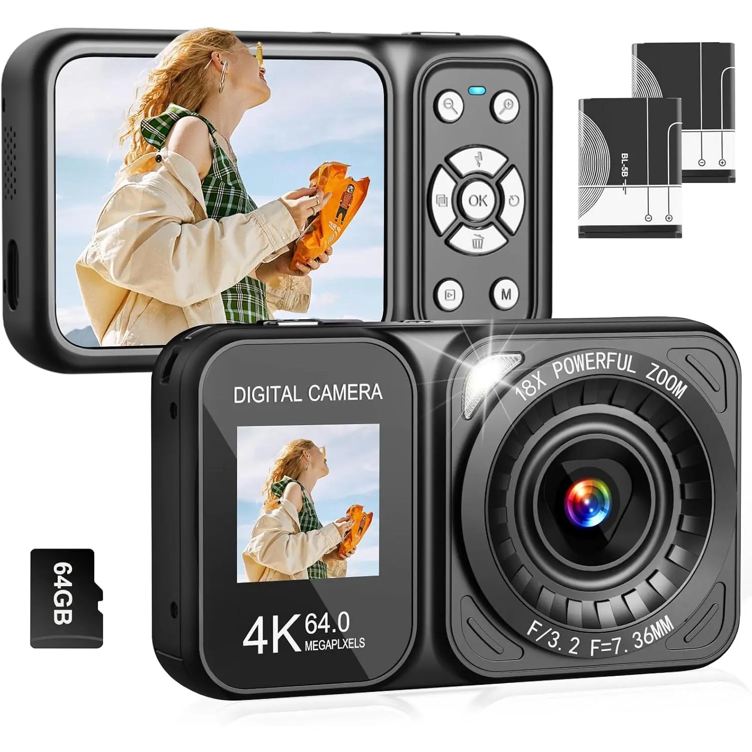 Digital Camera, 4K 64MP  Screens Camera, 18X Zoom, Point and Shoot Digital Camera with 64GB TF Card & 2 , Portable Rechargeable Small Camera for  Teens Adult (Black)