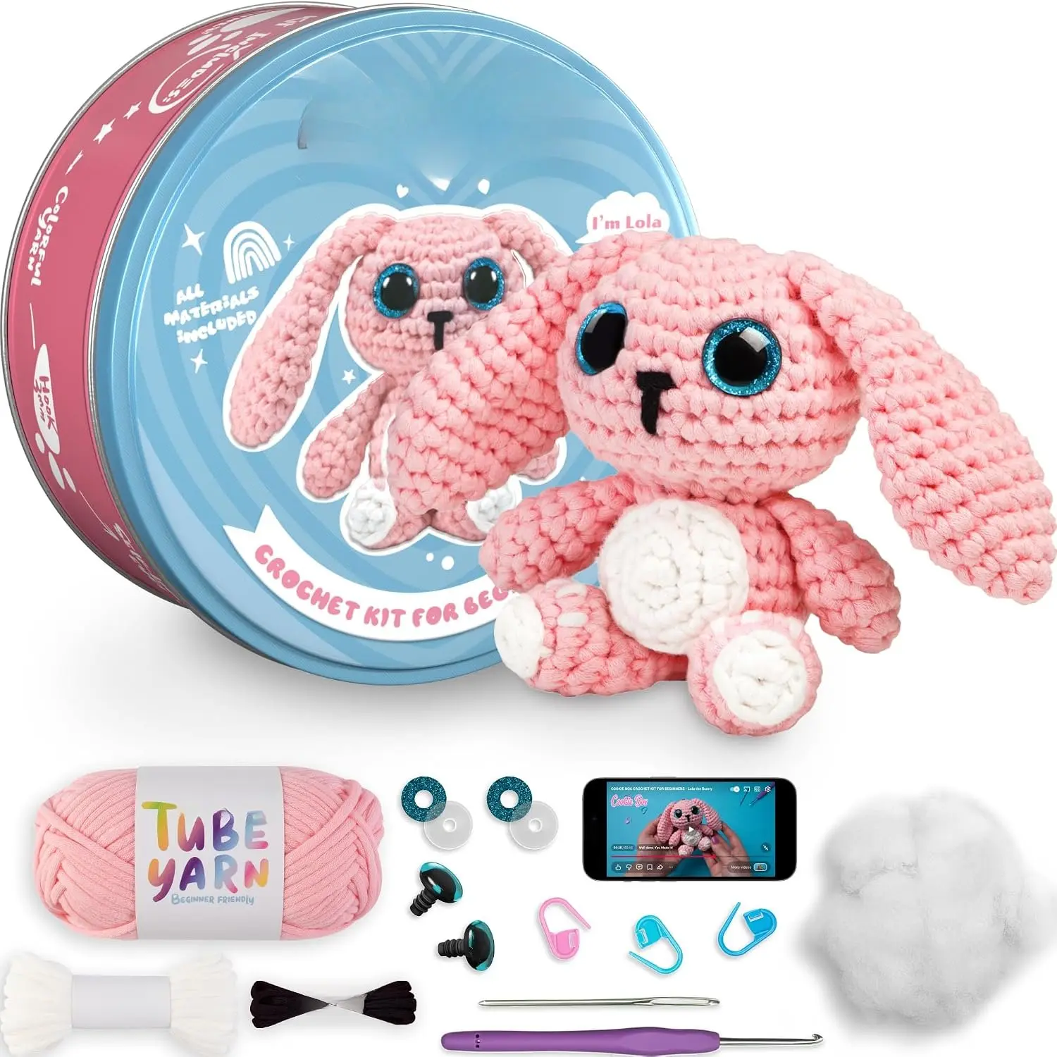 Crochet Kit for Beginners –  Set to Make Bunny  Amigurumi Plushie – Easy DIY Crochet & Knitting Starter Kit with Video and PDF Tutorials