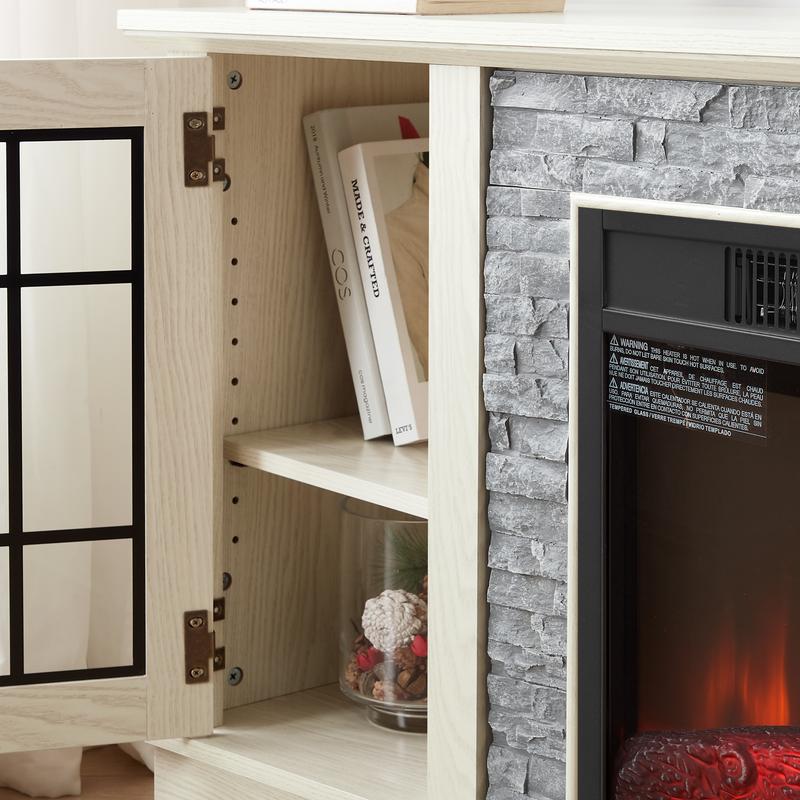 [Bellemave]58" Modern TV Stand with 2-Door Storage & 18" Electric Fireplace, Faux Stone Media Console Cabinet, White Large Entertainment Center for Living Room