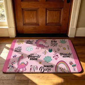 A rectangular cartoon dinosaur princess Roarr-themed entryway mat with a patterned design, featuring a soft, machine-washable carpet-style surface and anti-slip edges made from felt and silicone. Ideal for use as a dirt-resistant mat at entrances,