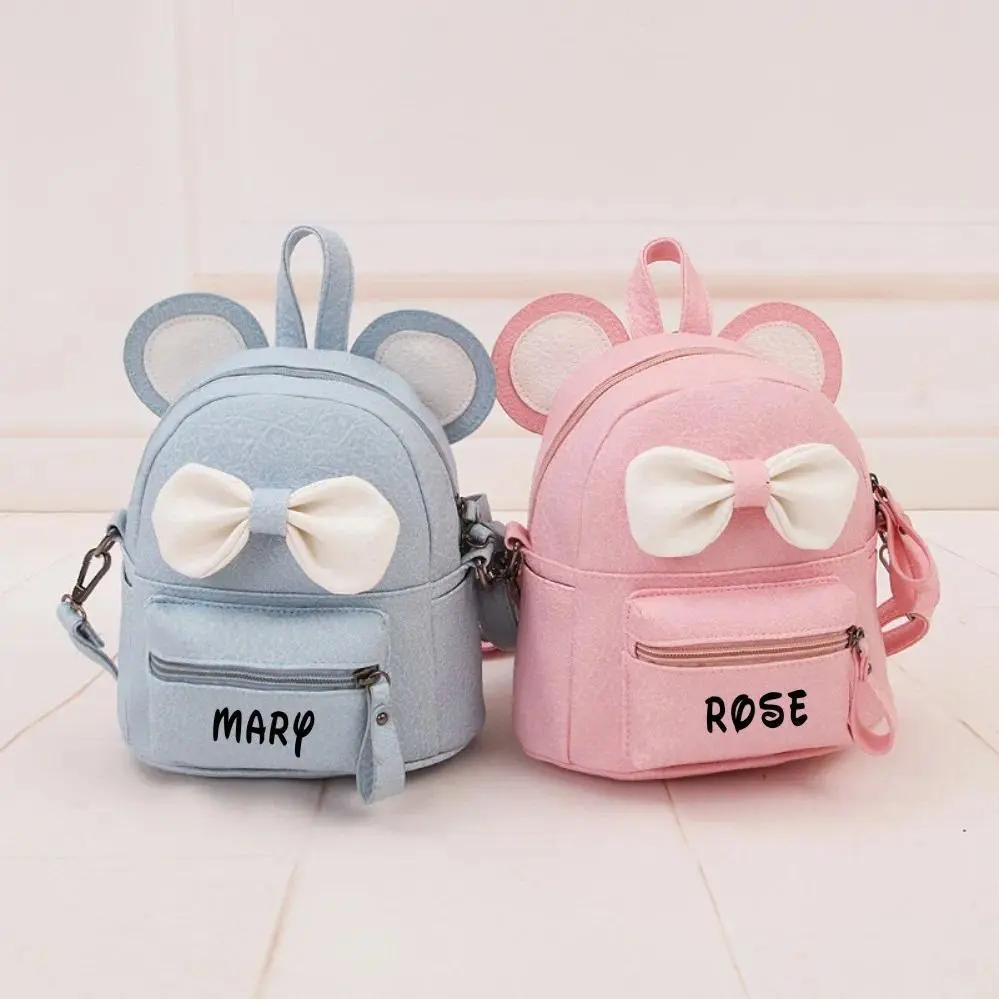 Personalized Mini Backpack Cute Custom Name Girl's Rucksack Bow Ears Daycare Travel Bag Children Kids Girl Back to School Bag