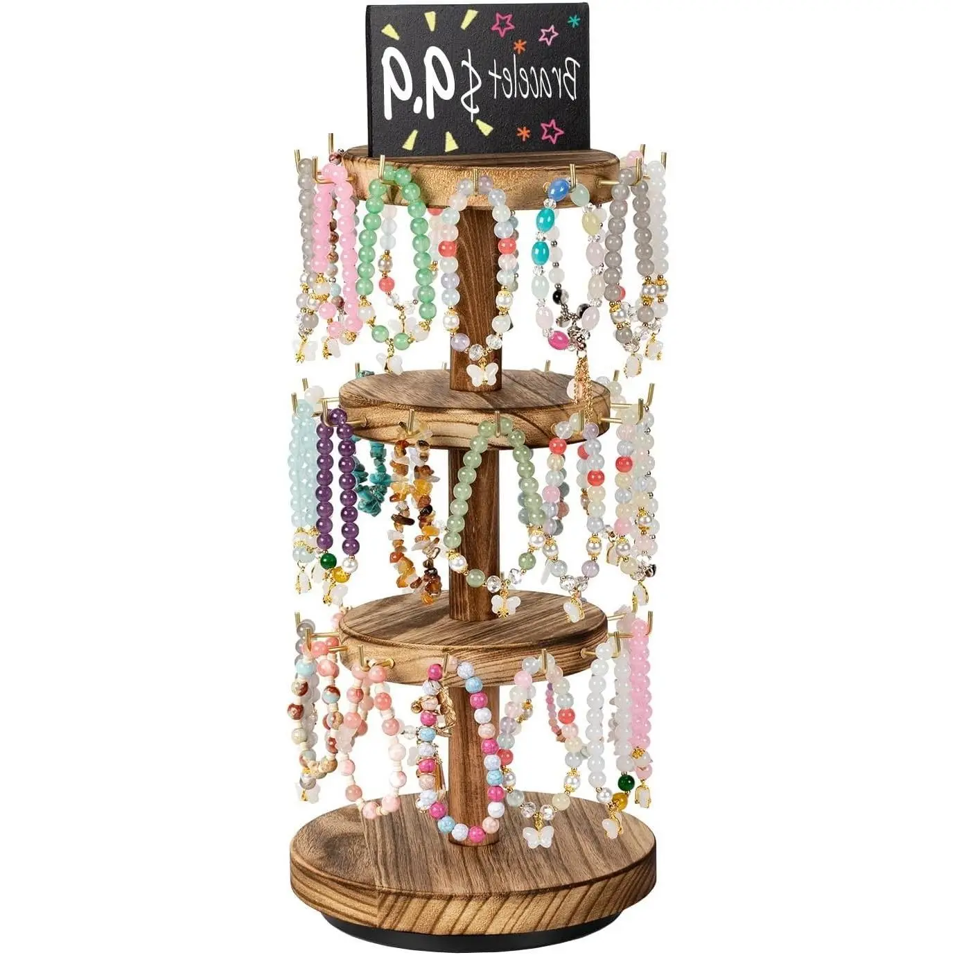 3 Tier Wooden Rotating Bracelet Display Stand with Advertising Board, 36 Hooks for Bracelet and Keychain, Vendor Booth Tree Stand for Selling, Brown (Patent Pending)Gift