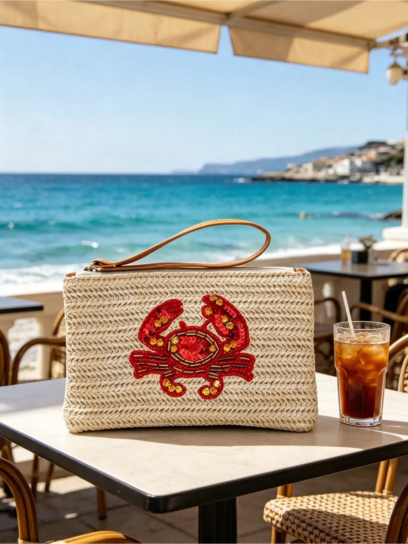 Boho Straw Wrist Clutch Bag with Beaded Embroidery Crab Watermelon Shell Pattern, Summer Beach Vacation Woven Hand Purse, Multi-use Holiday Gift for Women Teenagers, Ideal Present for Spring Break Easter Mother’s Day