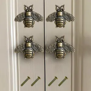 Fnansi 4pcs Bee Cabinet Pulls, Bee Shaped Drawer Handles, Rustic Honeycomb Design, Brass Tone & Finish, Easy Install Replacement