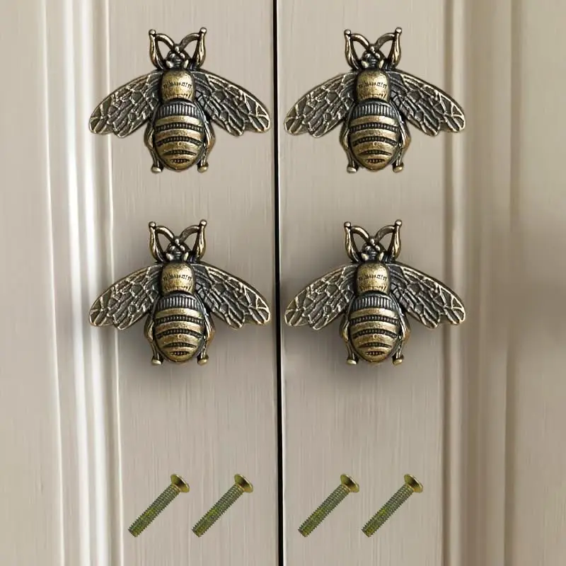 Fnansi 4pcs Bee Cabinet Pulls, Bee Shaped Drawer Handles, Rustic Honeycomb Design, Farmhouse Decor, Brass Tone & Finish, Easy Install Replacement