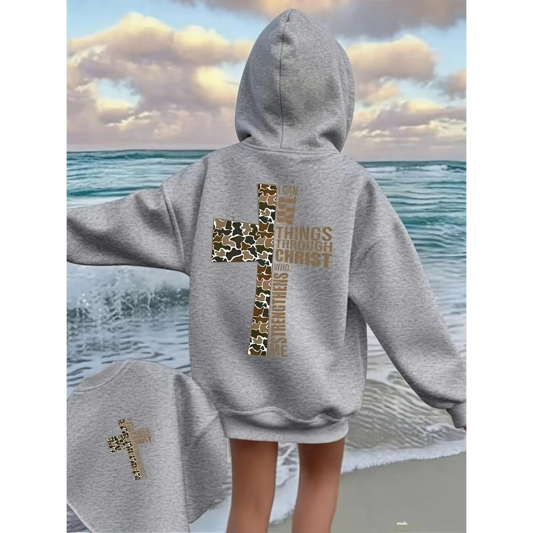 Front and Back Print Faith Hoodie for Boys and Girls, Cross and Scripture Print - Long Sleeve Crewneck Sweatshirt, Machine Washable Winter Church Outfit