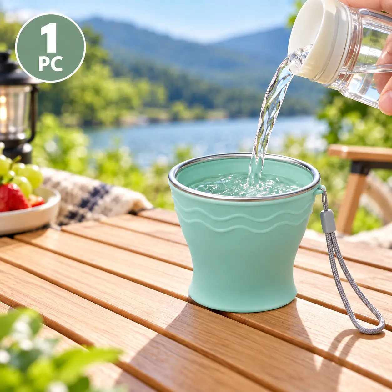 1Pc 200ml Collapsible Silicone Travel Cup, Portable Folding Drinking Cup with Stainless Steel Rim, Lid & Wrist Strap for Outdoor Camping Travel