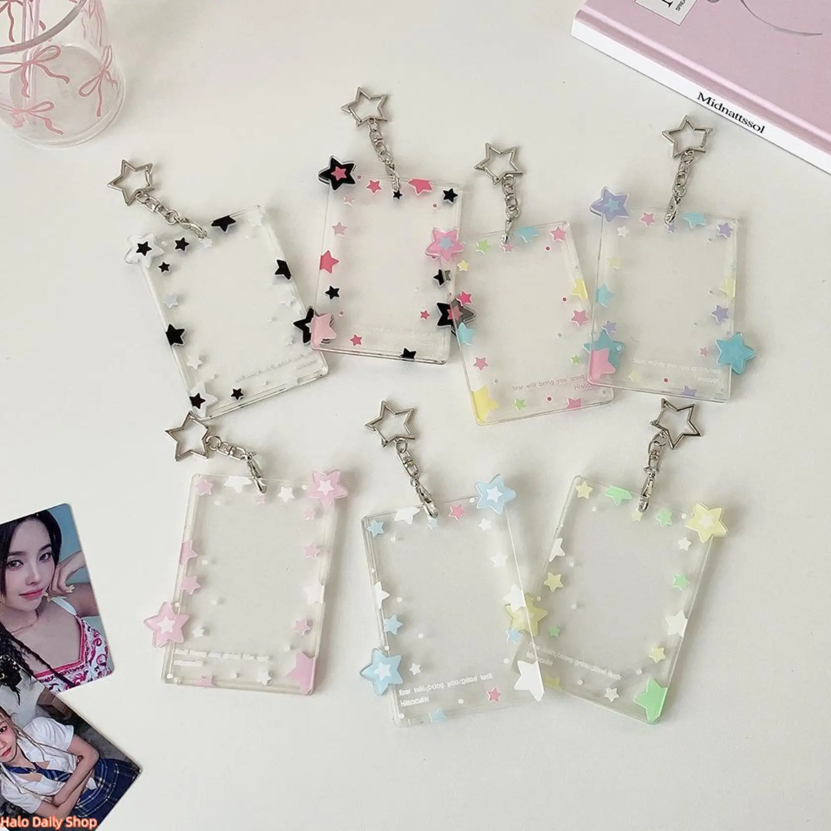 Pastel Star Clear Acrylic Photocard Holder with Star Keychain Cute Kpop Idol Photo Card Protector Sleeve