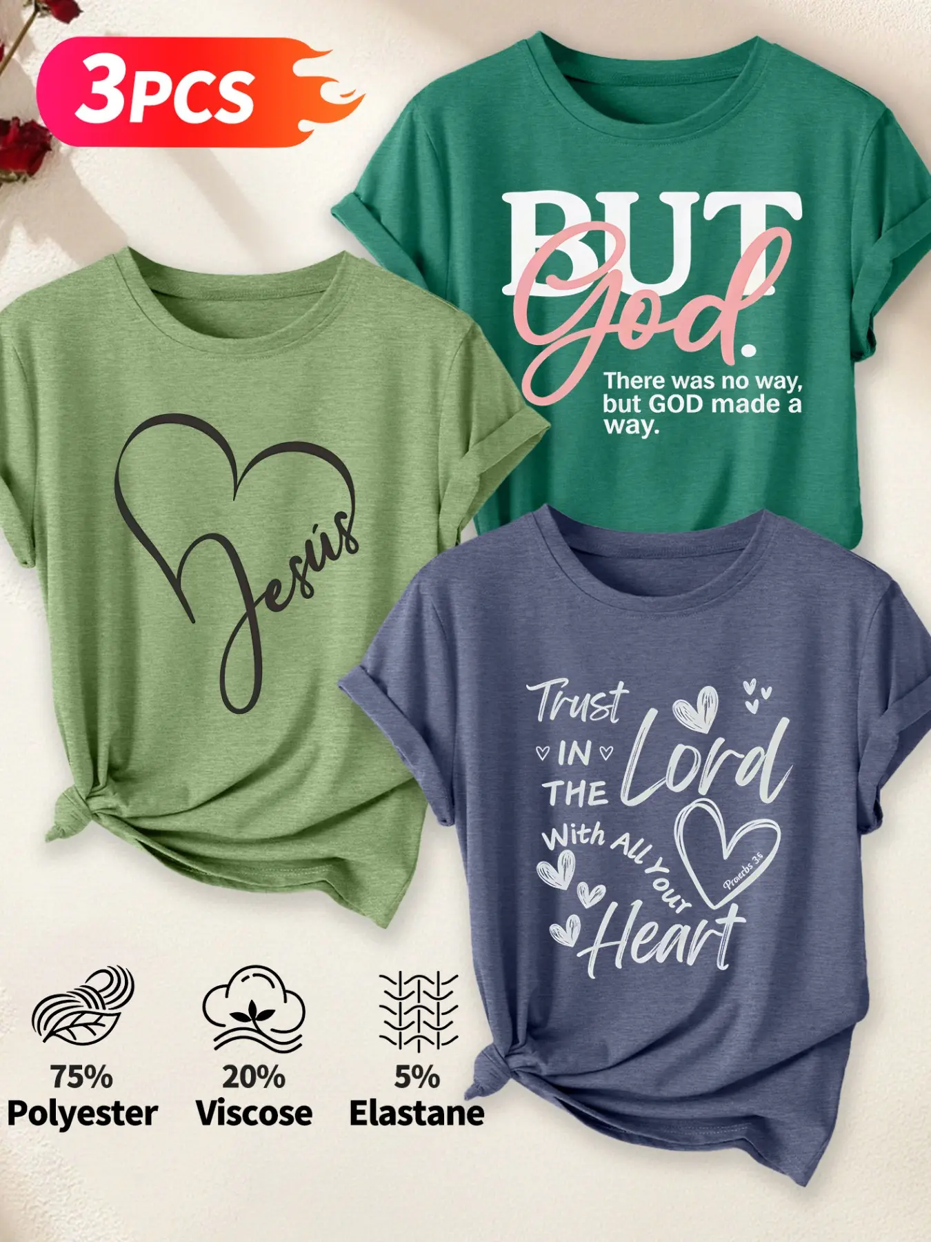 3Pcs Women Crew Neck T-shirt, But God Trust In The Lord Jesus Heart Religious Cursive Print, Soft All-match Spring Fashion Tee Set