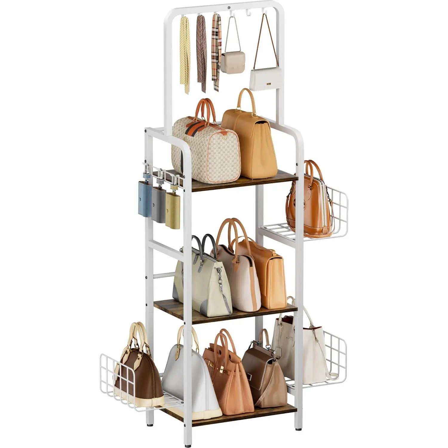 3-Tier Tall Purse Organizer Rack Stand, Floor-Standing Bag Storage Holder with Adjustable Side Basket and Hook Handbag Organizers Display Stand Shelf for Closet, Bedroom, Entryway, White