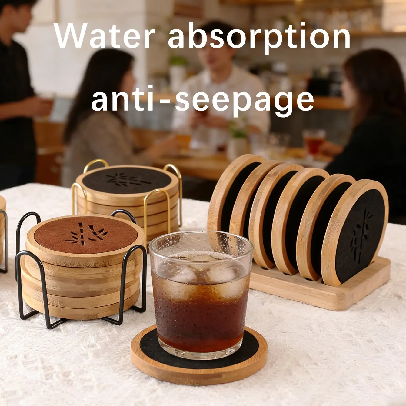 4-Piece Bamboo Cup Mat Set with Stand, /maroon/ Dual-Layer Absorbent Mats, Drink Coasters, Coffee Table Protector, Gift for Holidays & Bars