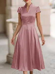 ZANZEA Women's Solid Stand Collar Short Sleeve Satin Dress, A-Line Design with Pockets, Casual Midi Dress for Office Wear, European and American Style