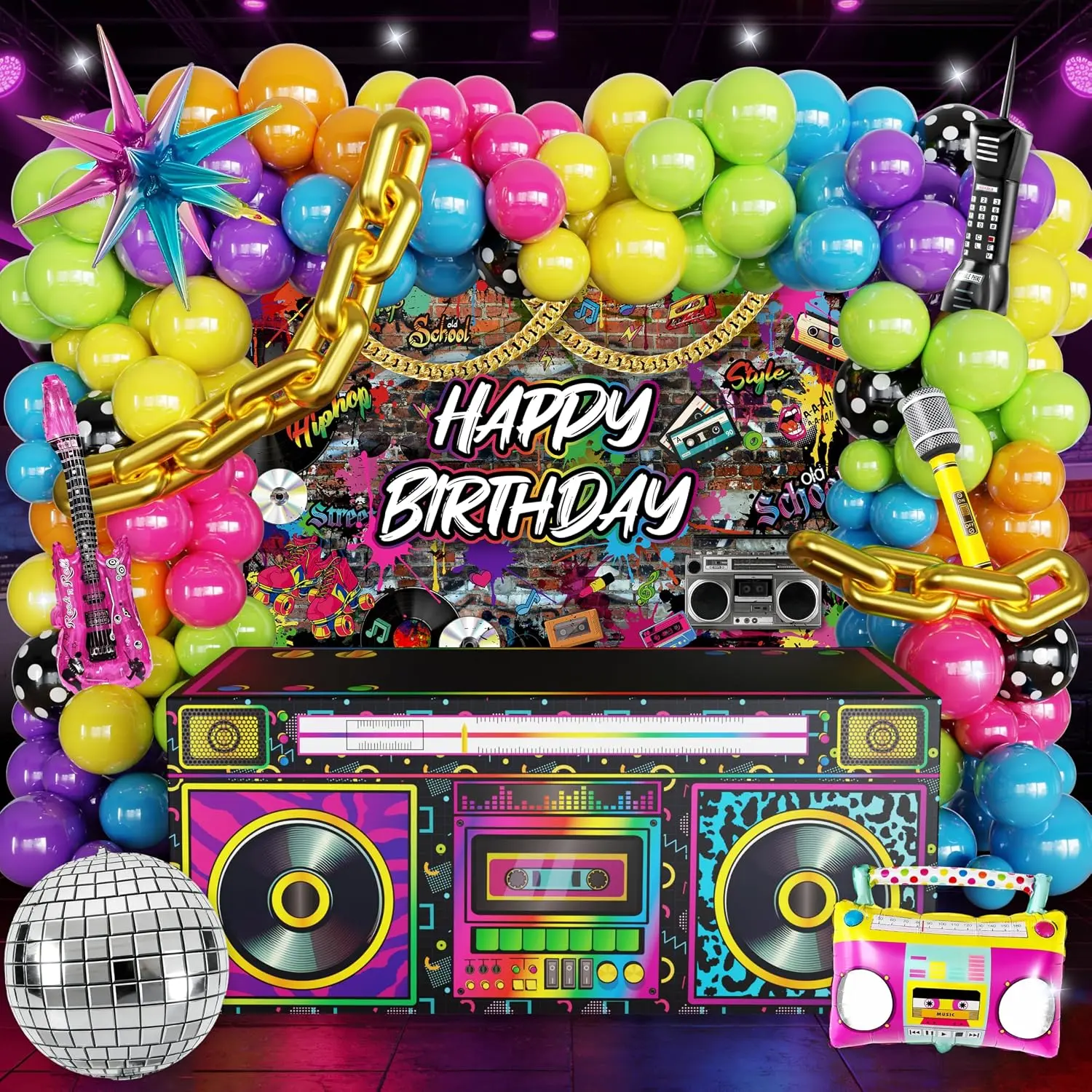80s-90s Disco Theme Birthday Party Decorations Balloon Arch Kit - Polyester Multiple Panels Wrinkle-Free Photo Backdrops, Retro Graphics Boombox Tablecloth, Foil Balloons, Assembly Tools for Hop House Party