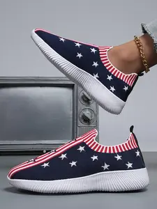 Independence Day Women's Patriotic Shoes, Star-Spangled Print Mesh Breathable Slip-On Sports Shoes, Comfortable Casual Walking Shoes
