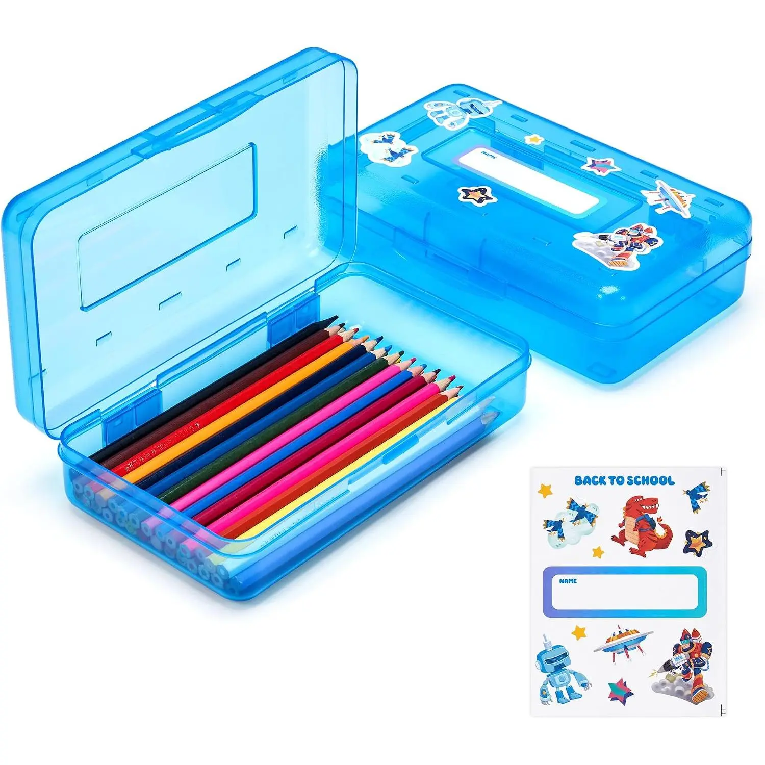 Blue Plastic Pencil Box with Personalized Sticker, Large Capacity Snap-Lid Seal, Art Storage Container for Boys Girls, Office Stationery School Supplies