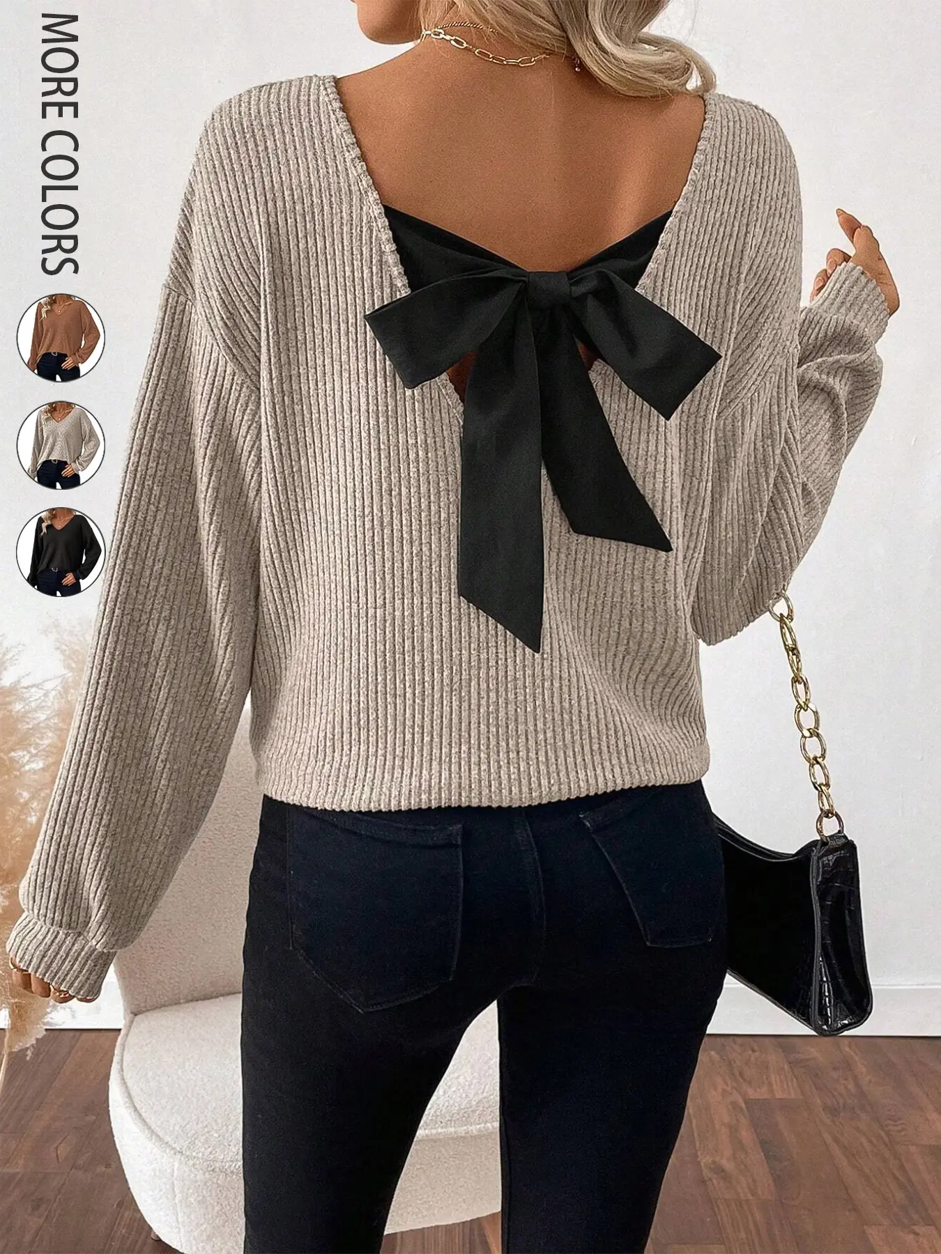 Women's Casual Solid Backless Long Sleeve Loose T-Shirt Top With Back Bow Detail,  Comfortable and Stylish Summer Wear, Perfect for Daily