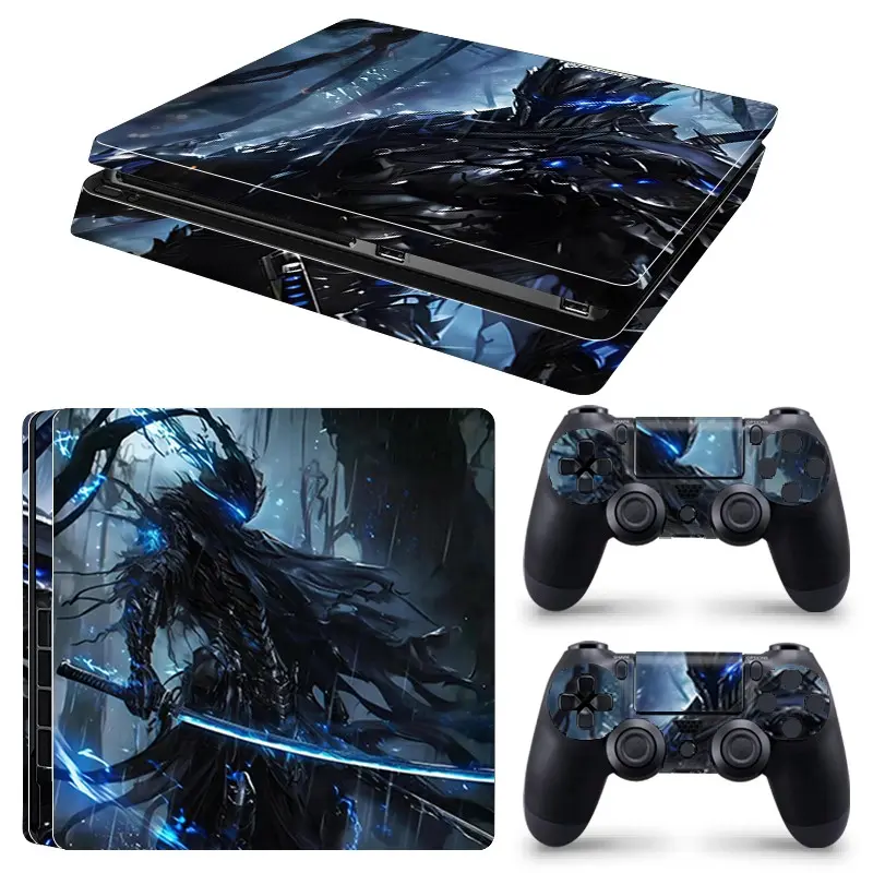 Dark Armored Swordsman Rainy Forest Fantasy Art Vinyl Skin Cover for PS4 Slim Console and Wireless Controllers, Waterproof, Scratch-Proof & Long Lasting, Removable Without Residue Game Console Decor Sticker