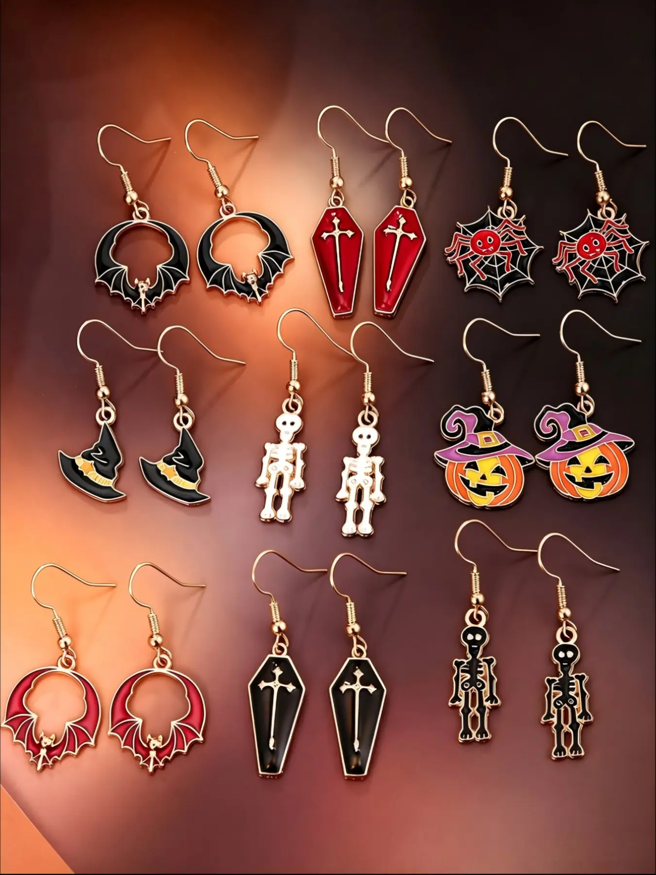 18pcs Halloween Enamel Pendant Earrings Set, Pumpkin Witch Hat, Spider, Bat, Coffin Cross, Skull Curse, Low Allergy Gothic Jewelry, Halloween Party Accessory