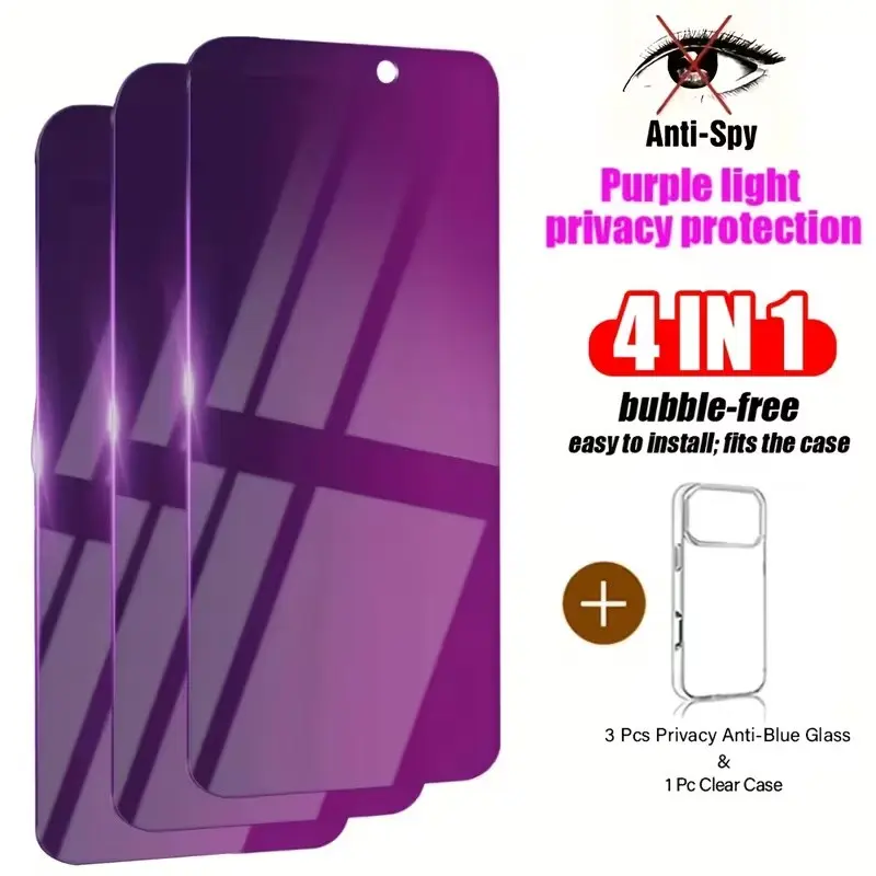 [4IN1] 3pcs Anti-Blue Light Privacy Tempered Glass And 1pc TPU Phone Case for Iphone 17/16/15/14/13/12/11/17 Pro Max/17 Pro/16 Pro Max/Plus/Xs Max, 9H+ Hardness Screen Protector, Anti-Scratch