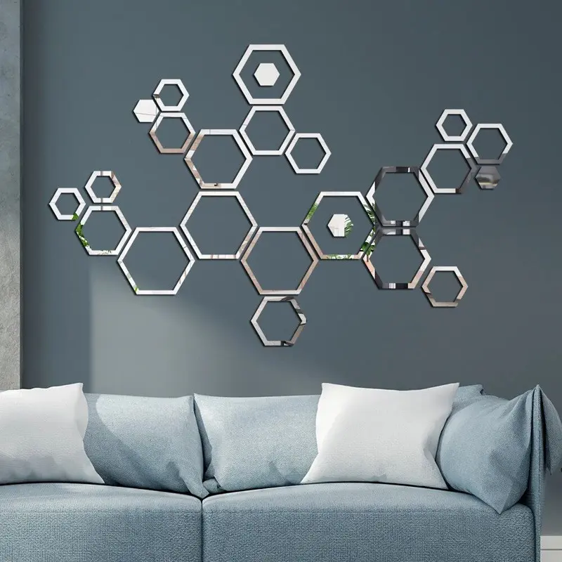 24pcs Hollow Hexagon Acrylic Mirror Wall Stickers, Self-Adhesive Geometric Border, Decorative Wall Art Stickers for Living Room Bedroom Sofa Background Wall
