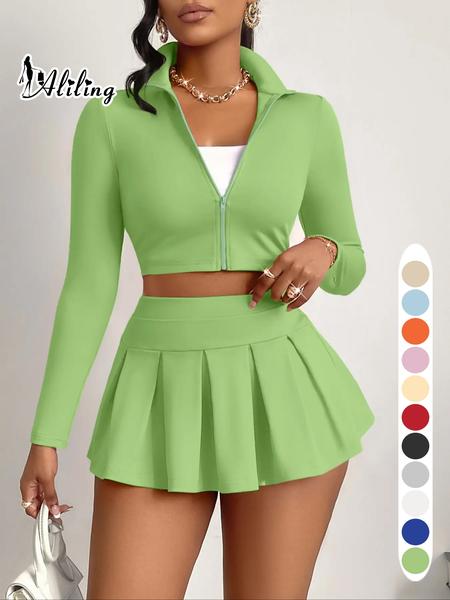 Aliling Casual Women's Two-Piece Set, Spring & Fall Long Sleeve Zipper Crop Top, High Waist Short Pleated Skirt, Slim-Fitting Crop Top and Skirt