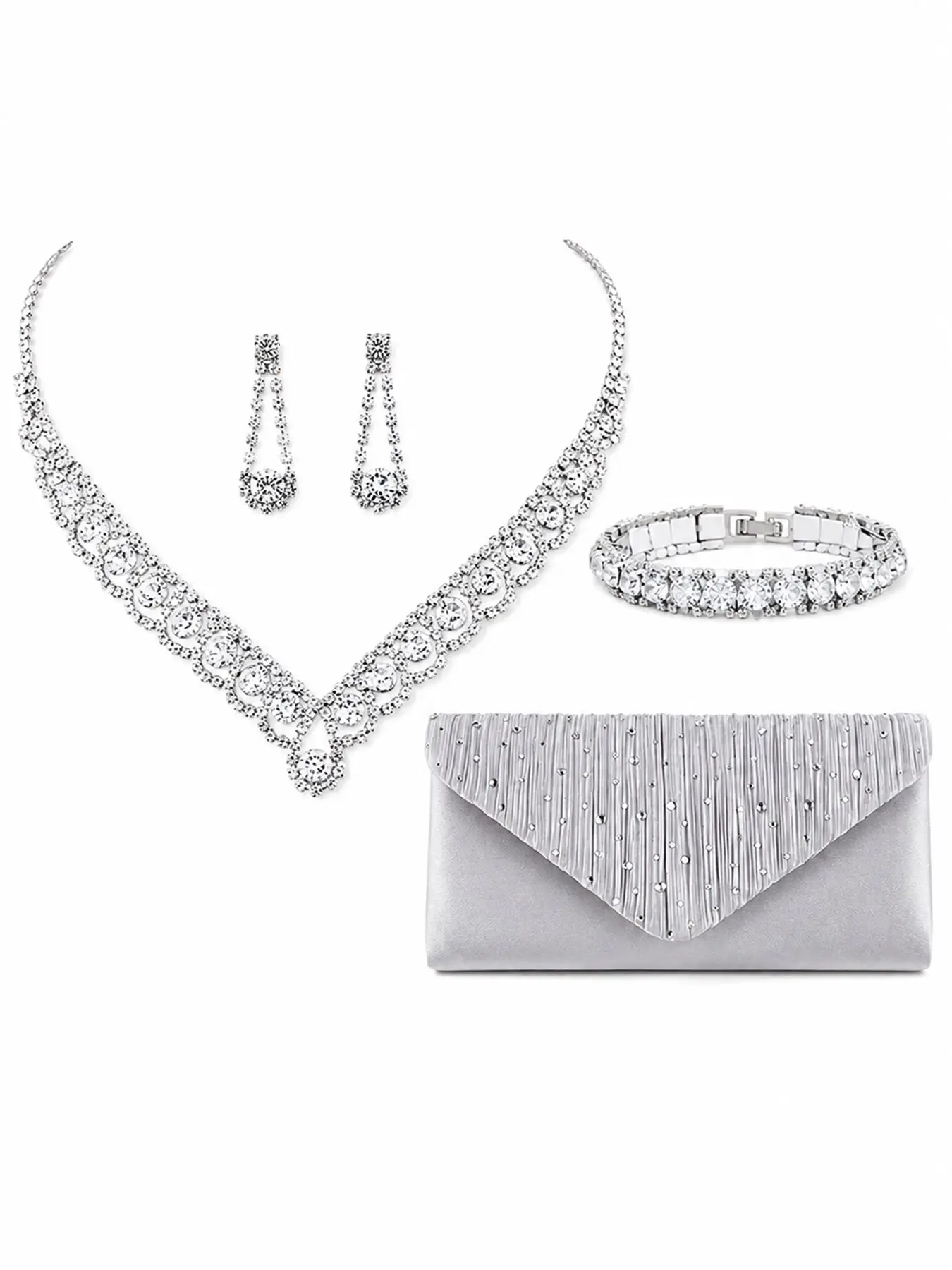 4Pcs Jewelry Silver Clutch Bag Set for Women, Sapphire Crystal V Shaped Tennis Necklace Clasp Link Bracelet Dangle Earrings Pack, Prom Wedding Guest Evening Purse Formal Party Accessories