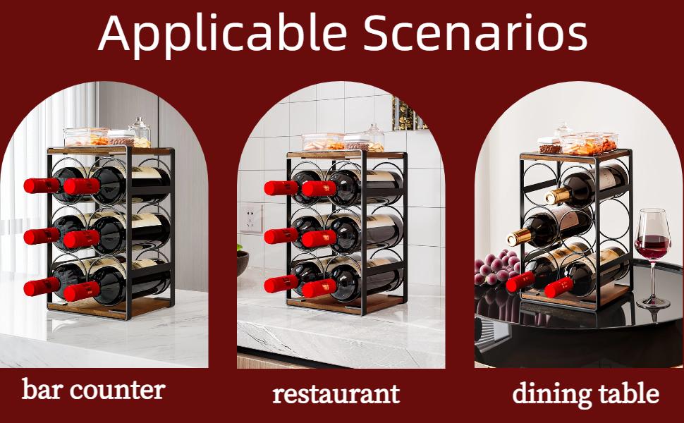 SUOERNUO Wood Countertop Wine Rack No Assembly Needed 6-Bottle Capacity Black & Rustic Brown Metal & Wood Construction Rust-Resistant Powder Coating Freestanding Storage Solution
